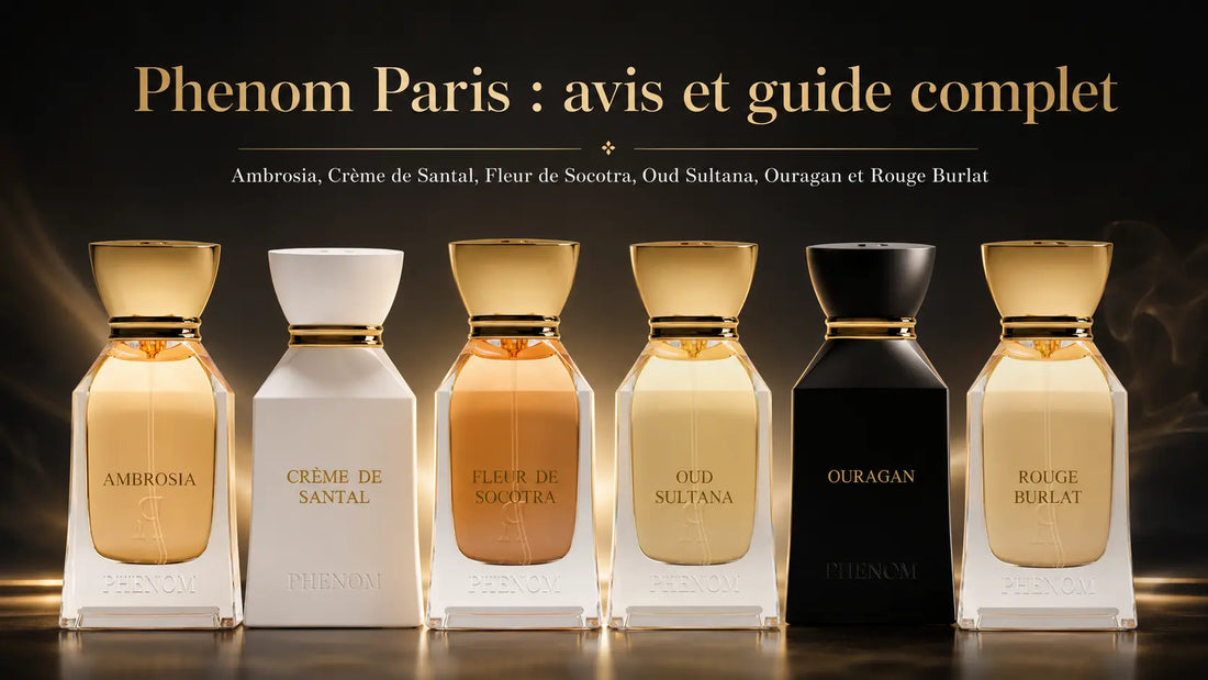 Collection Phenom Paris avec Crème de Santal, Ouragan, Ambrosia, Fleur de Socotra, Oud Sultana et Rouge Burlat